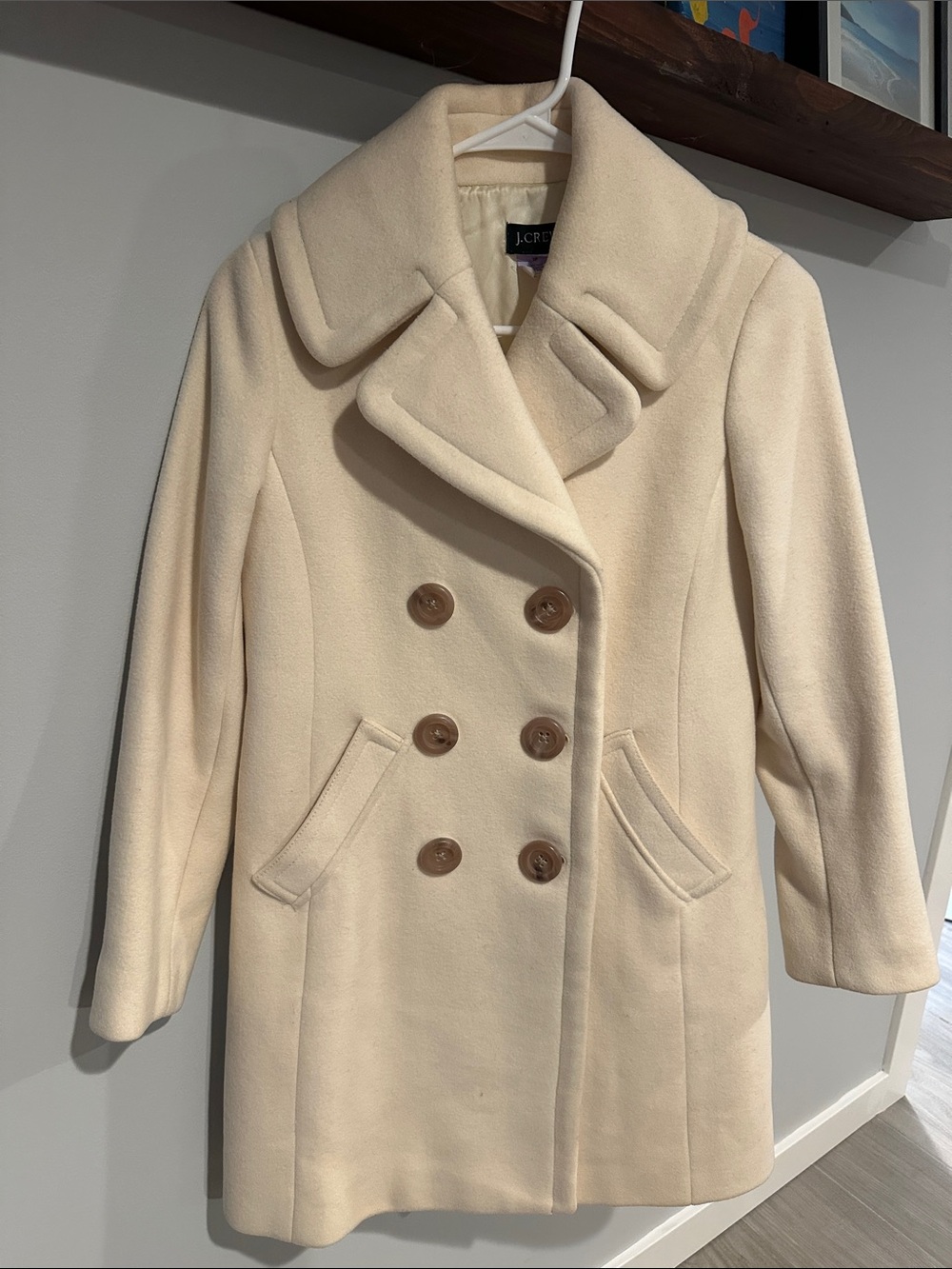 J. Crew Cream Double-Breasted Pea Coat with Brown Buttons